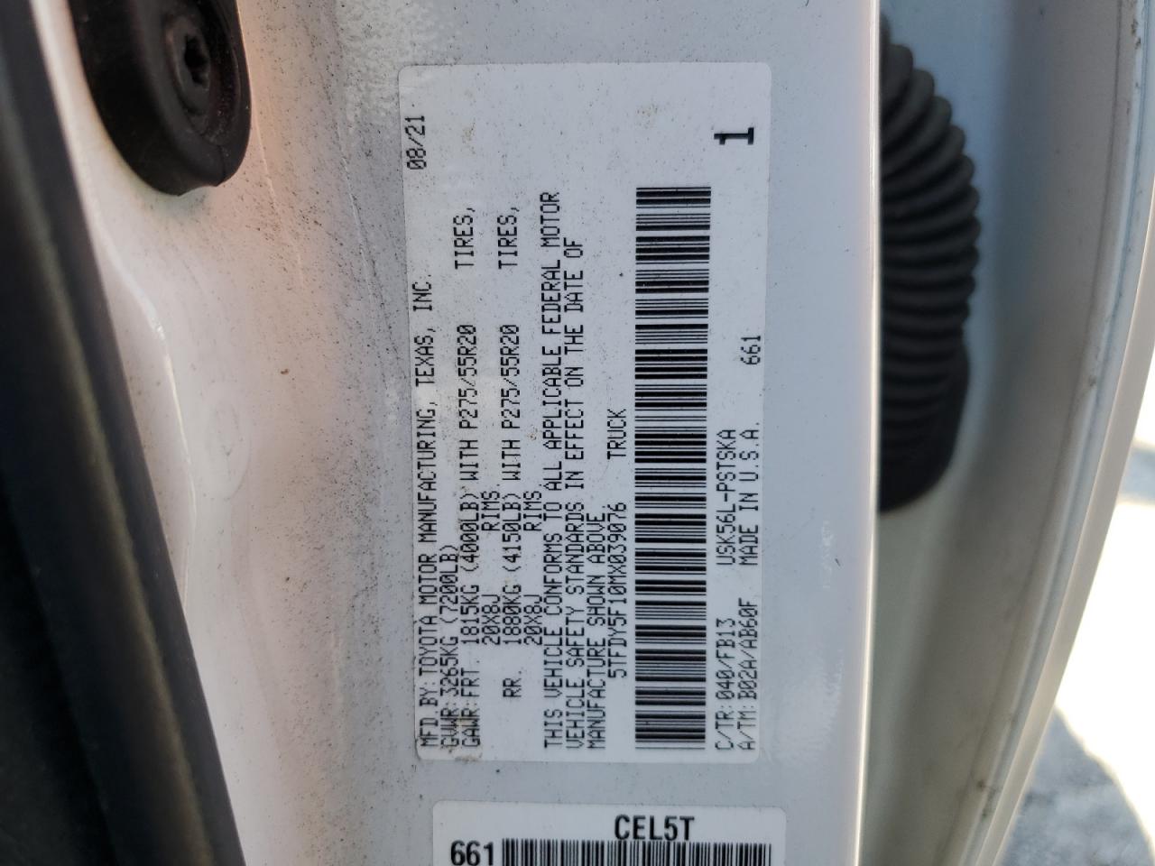 2021 Toyota Tundra Crewmax Sr5 VIN: 5TFDY5F10MX039076 Lot: 51208495