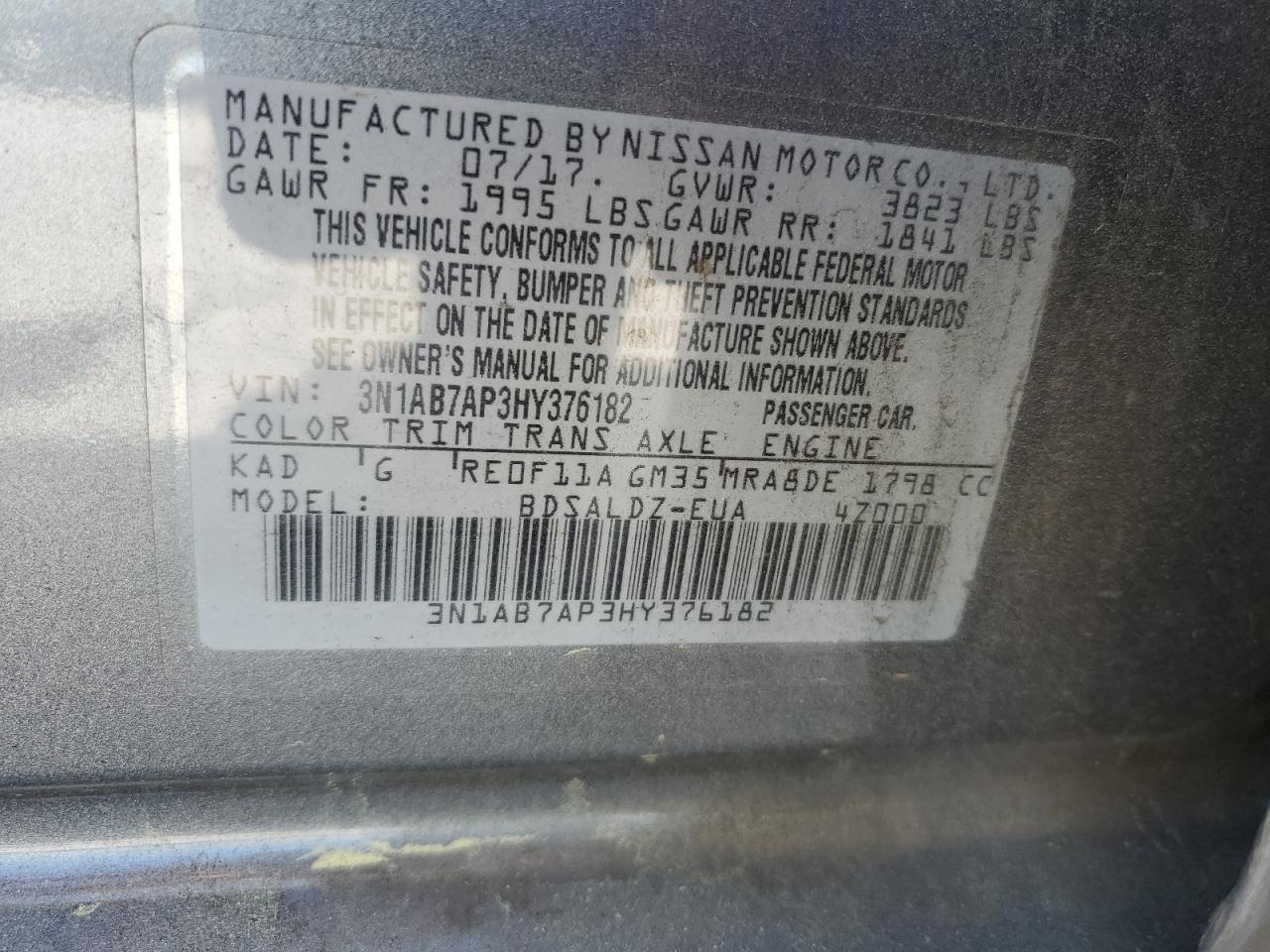 3N1AB7AP3HY376182 NISSAN SENTRA 2017