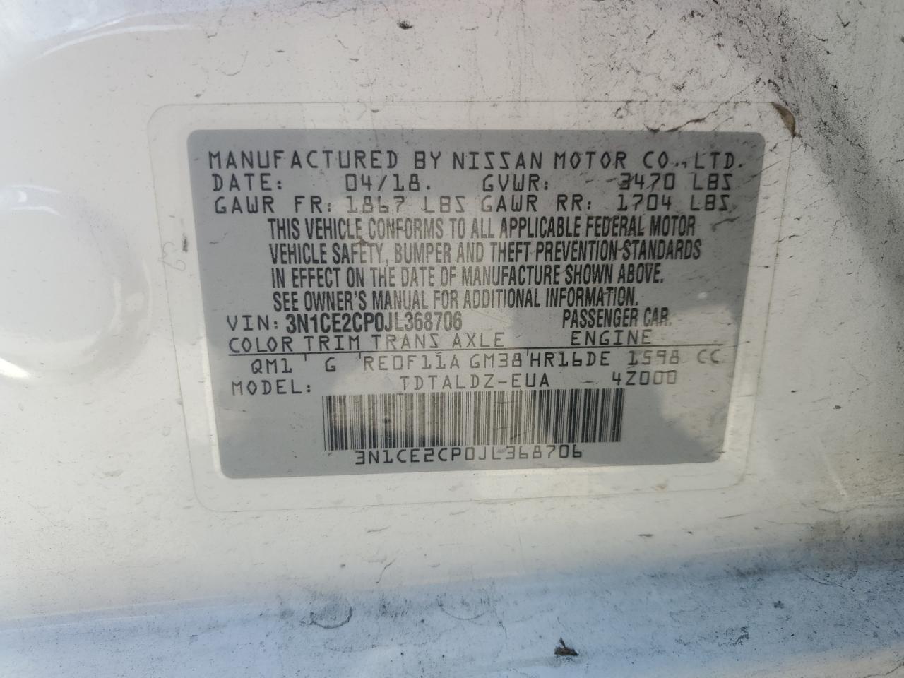 3N1CE2CP0JL368706 NISSAN VERSA 2018