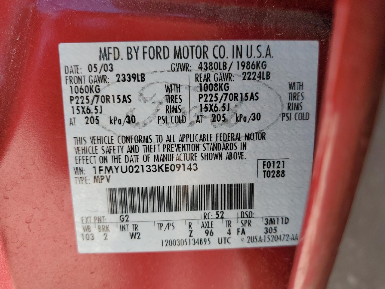 2003 Ford Escape Xls VIN: 1FMYU02133KE09143 Lot: 53659105