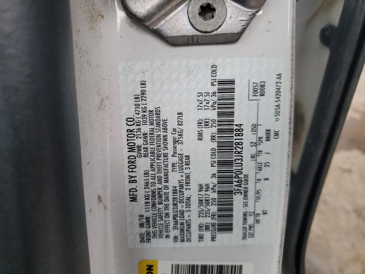 2018 Ford Fusion Se Hybrid VIN: 3FA6P0LU3JR281884 Lot: 54038685