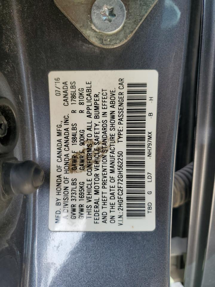 2HGFC2F72GH562250 HONDA CIVIC 2016