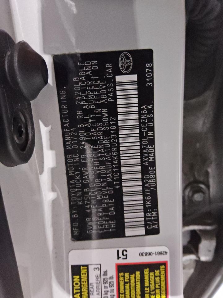 4T1C11AK6RU231812 TOYOTA CAMRY 2024