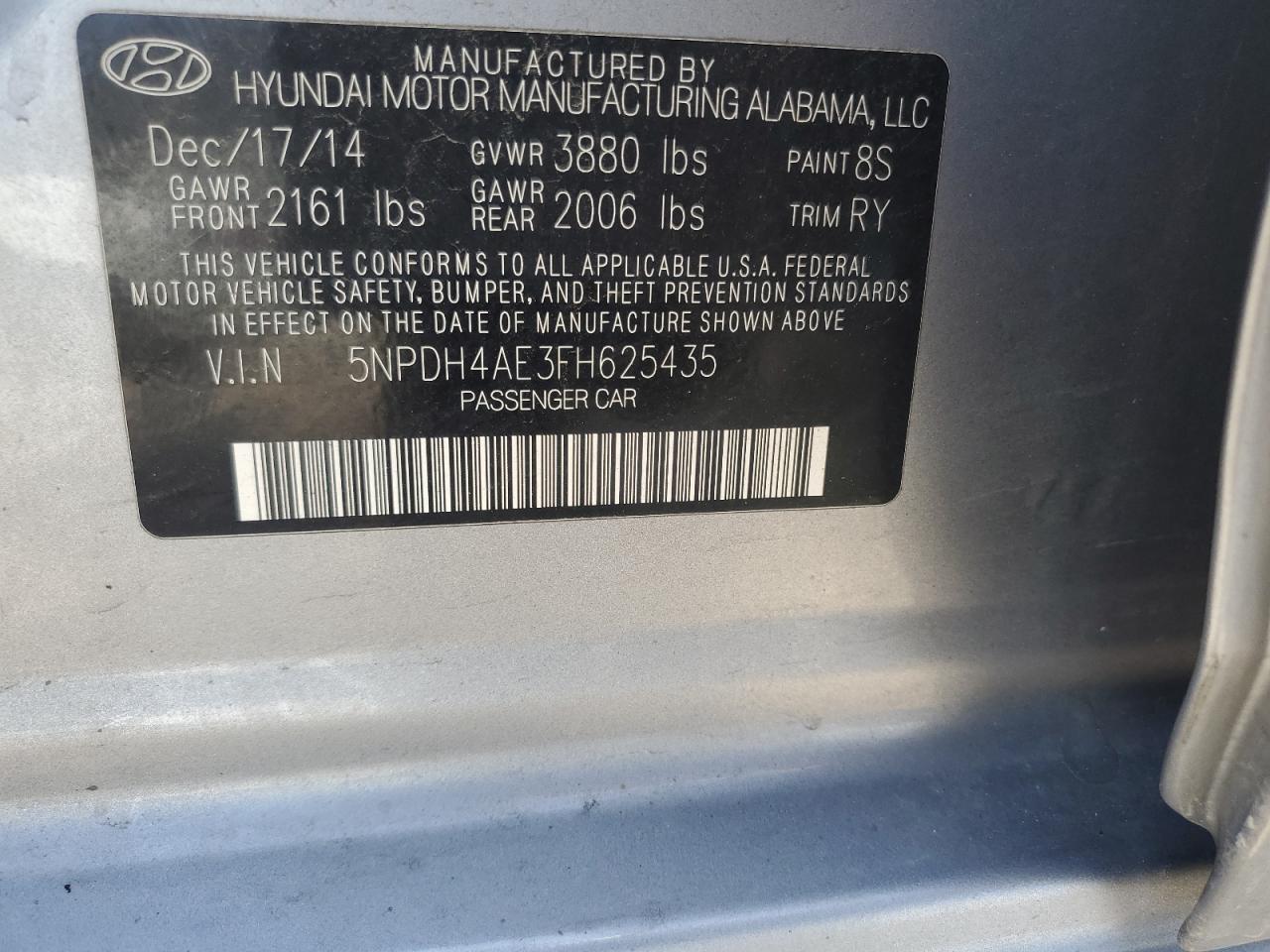 2015 Hyundai Elantra Se VIN: 5NPDH4AE3FH625435 Lot: 54172035
