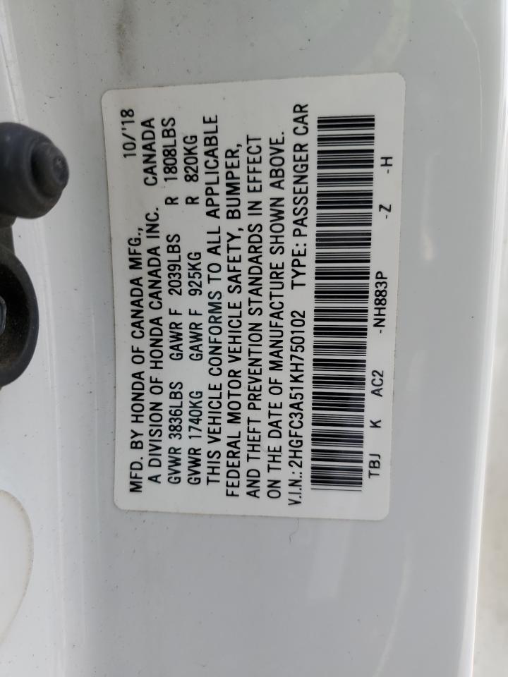 2HGFC3A51KH750102 HONDA CIVIC 2019