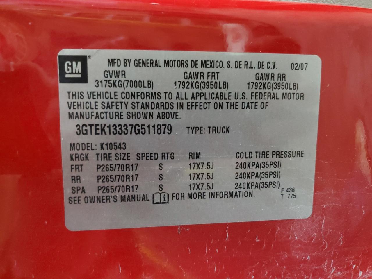 2007 GMC New Sierra K1500 VIN: 3GTEK13337G511879 Lot: 54885935