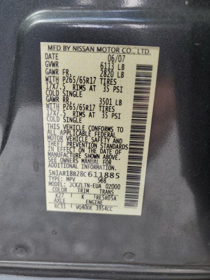 2008 Nissan Pathfinder S VIN: 5N1AR18B28C611885 Lot: 55053275