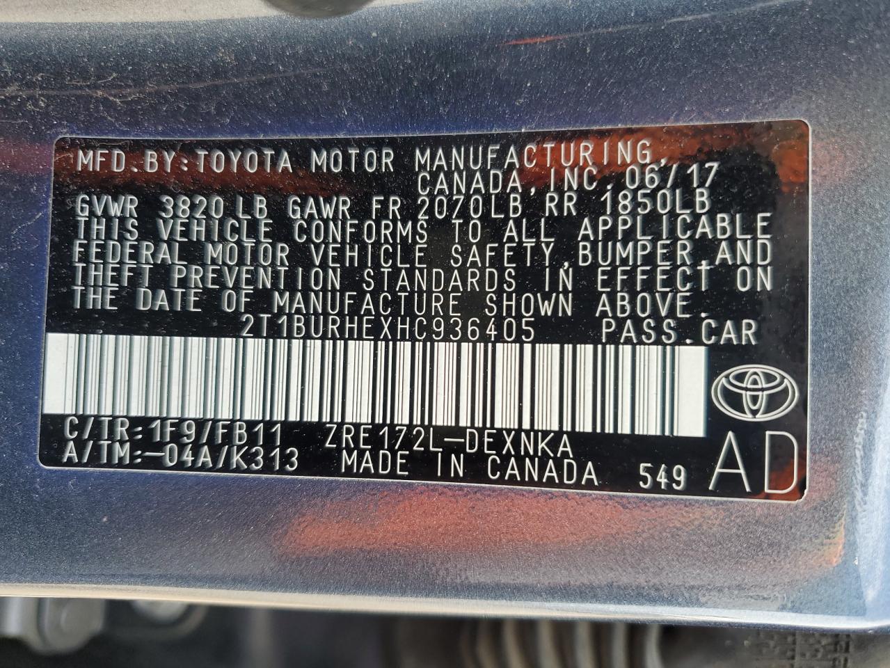 2T1BURHEXHC936405 TOYOTA COROLLA 2017