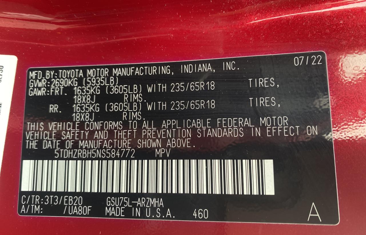 5TDHZRBH5NS584772 TOYOTA HIGHLANDER 2022