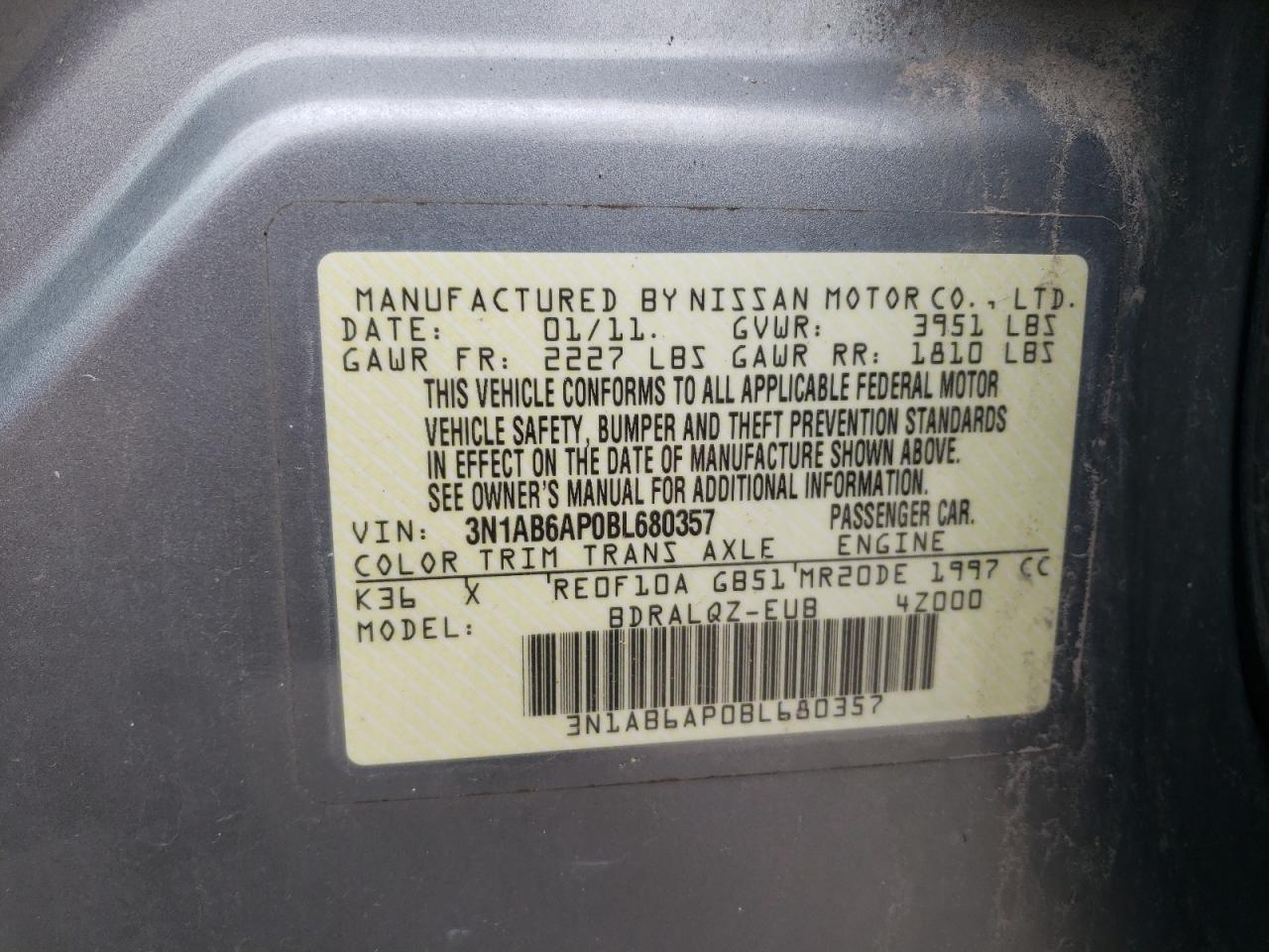 2011 Nissan Sentra 2.0 VIN: 3N1AB6AP0BL680357 Lot: 54856475