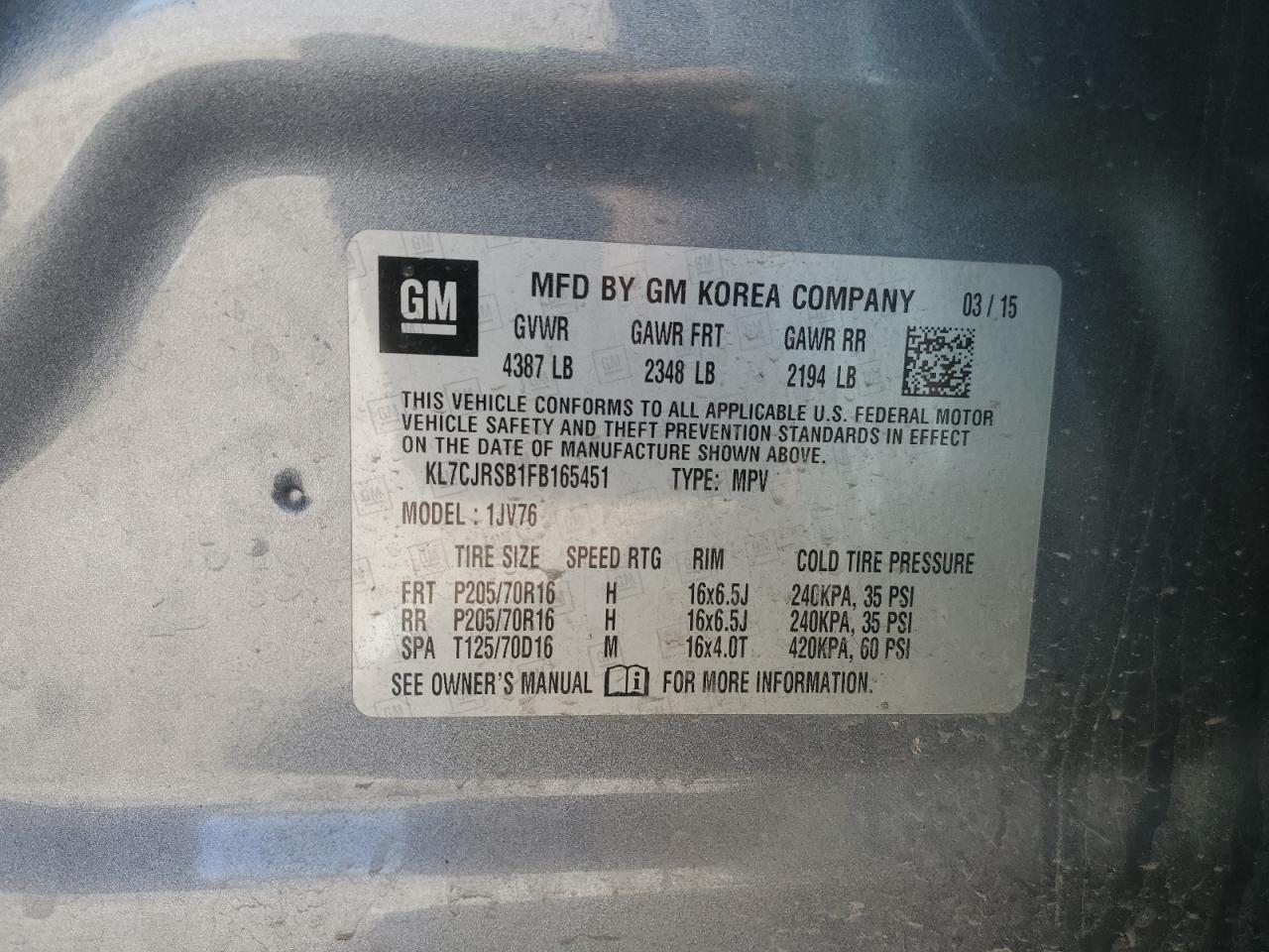 2015 Chevrolet Trax 1Lt VIN: KL7CJRSB1FB165451 Lot: 51838565