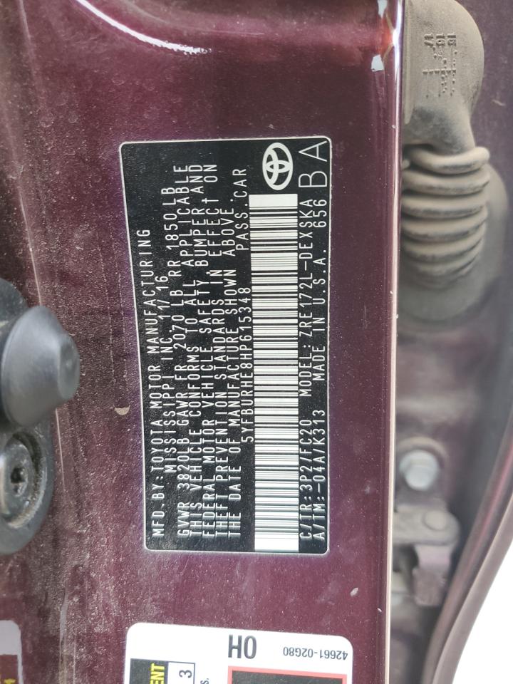 2017 Toyota Corolla L VIN: 5YFBURHE8HP615348 Lot: 53542355