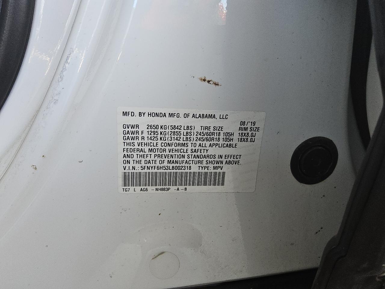 5FNYF6H53LB002318 HONDA PILOT 2020