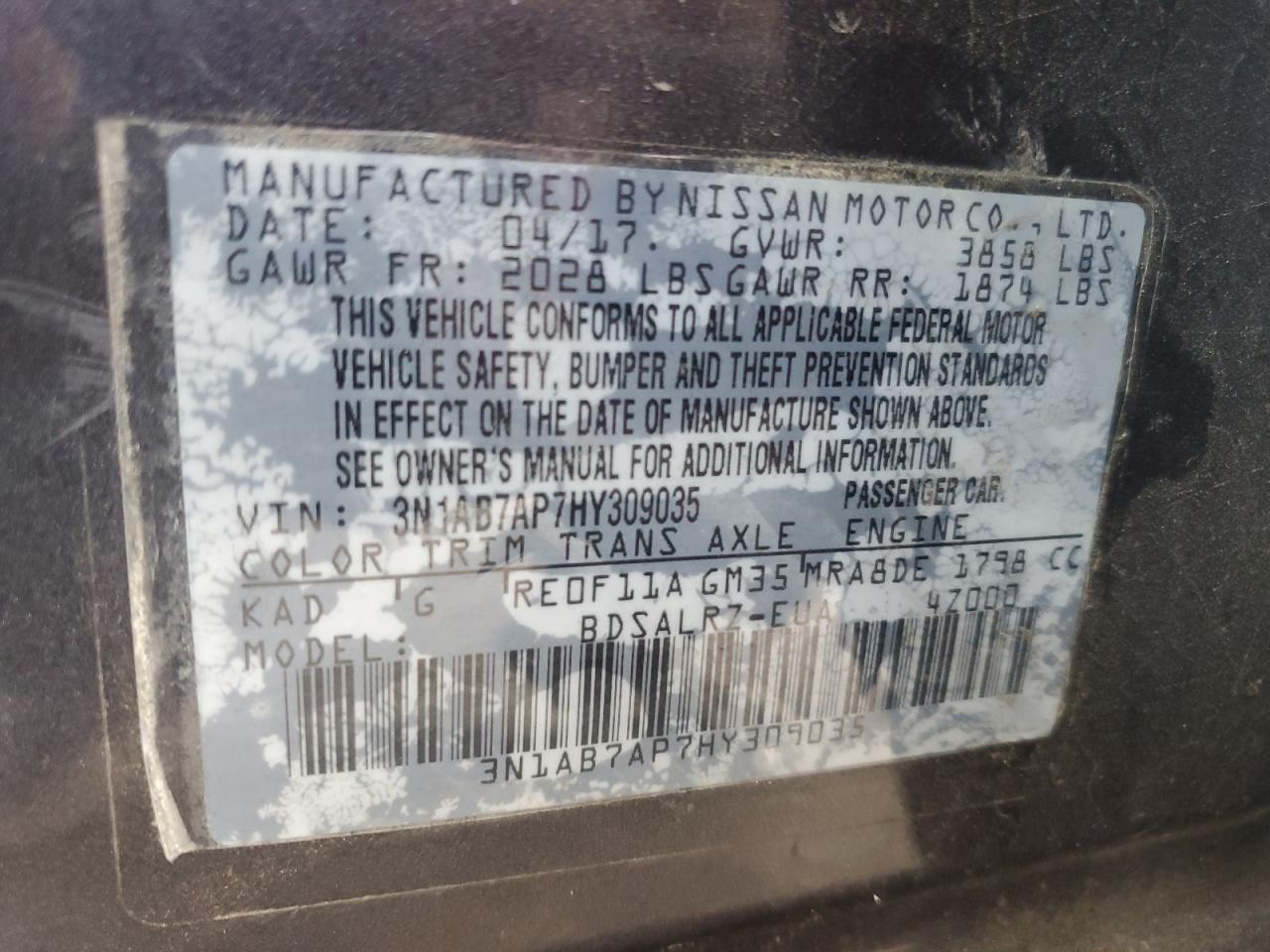 3N1AB7AP7HY309035 NISSAN SENTRA 2017