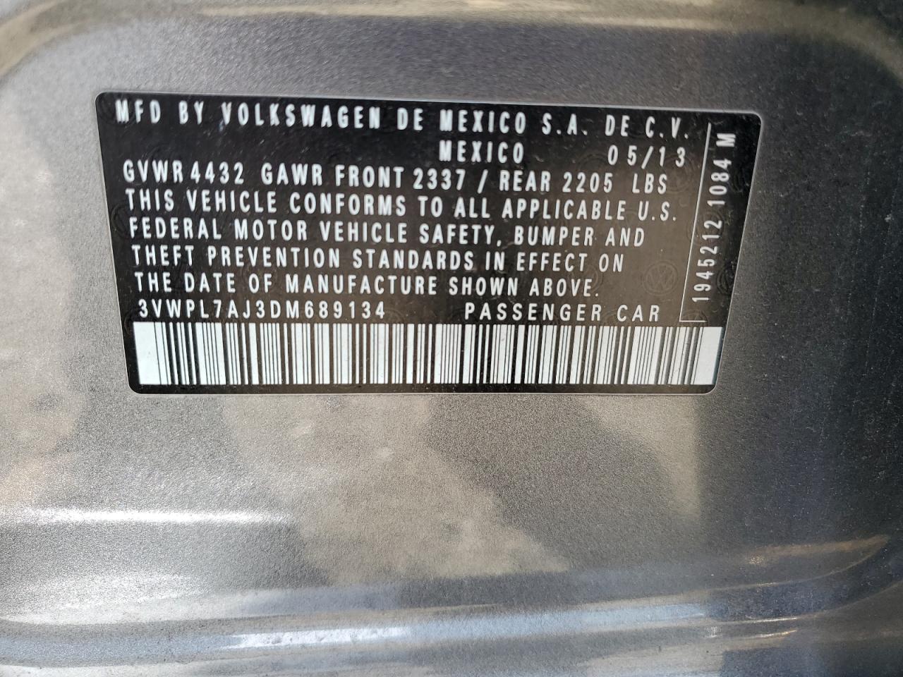 2013 Volkswagen Jetta Tdi VIN: 3VWPL7AJ3DM689134 Lot: 54123715