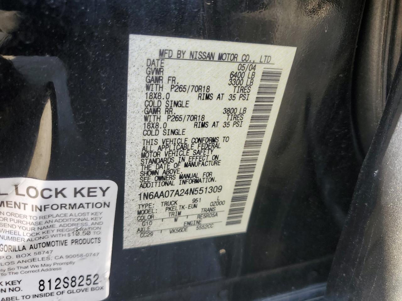 2004 Nissan Titan Xe VIN: 1N6AA07A24N551309 Lot: 52023065