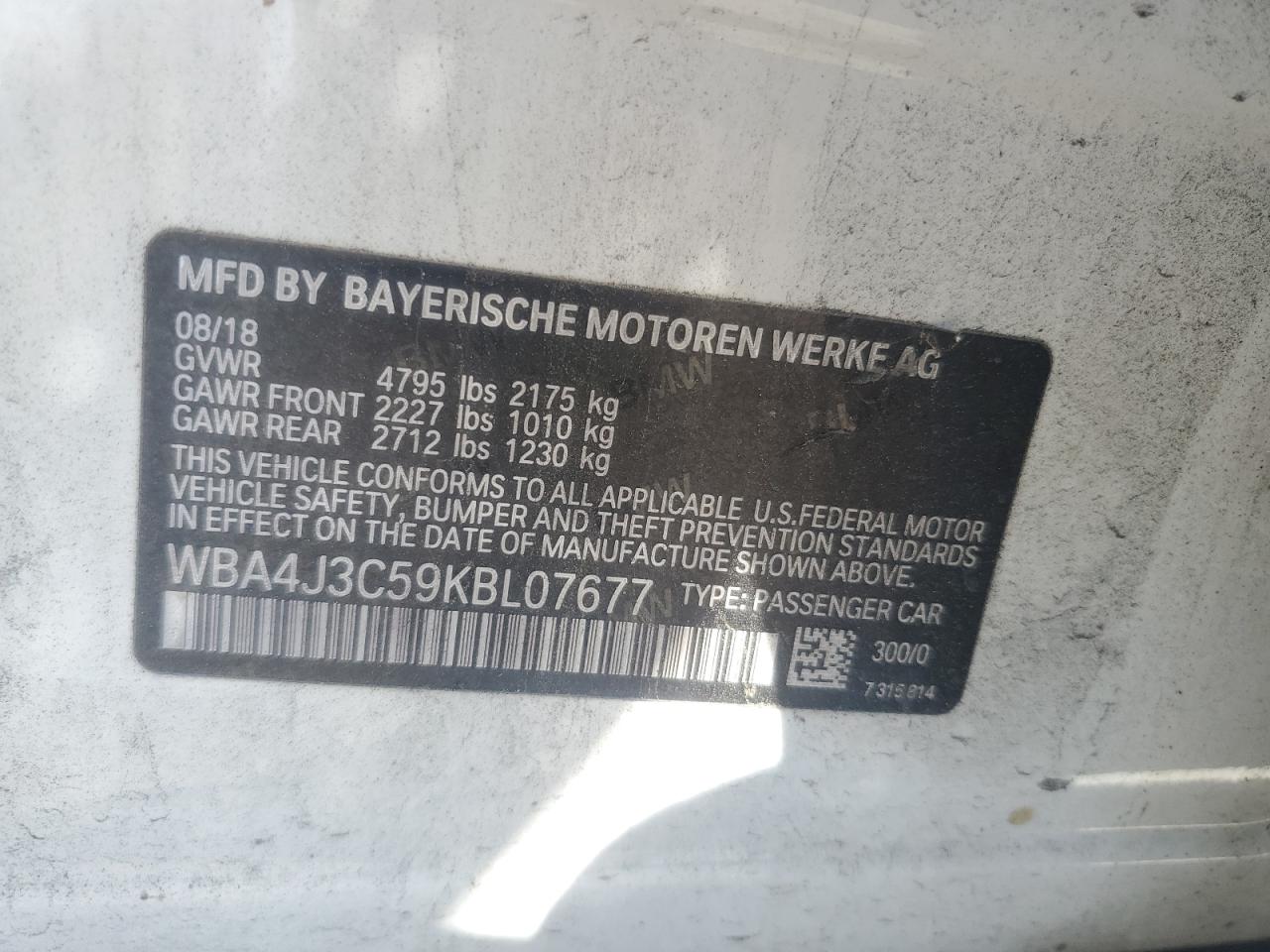 2019 BMW 430Xi Gran Coupe VIN: WBA4J3C59KBL07677 Lot: 52541855