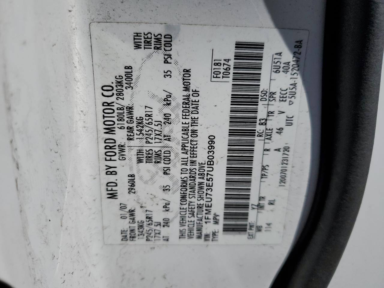 2007 Ford Explorer Xlt VIN: 1FMEU73E57UB03990 Lot: 53495965