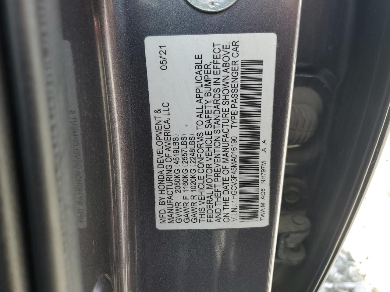 1HGCV3F45MA016190 HONDA ACCORD 2021