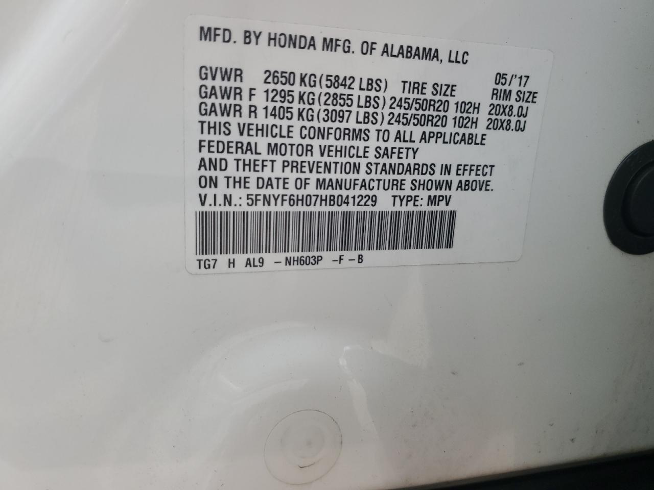 5FNYF6H07HB041229 HONDA PILOT 2017