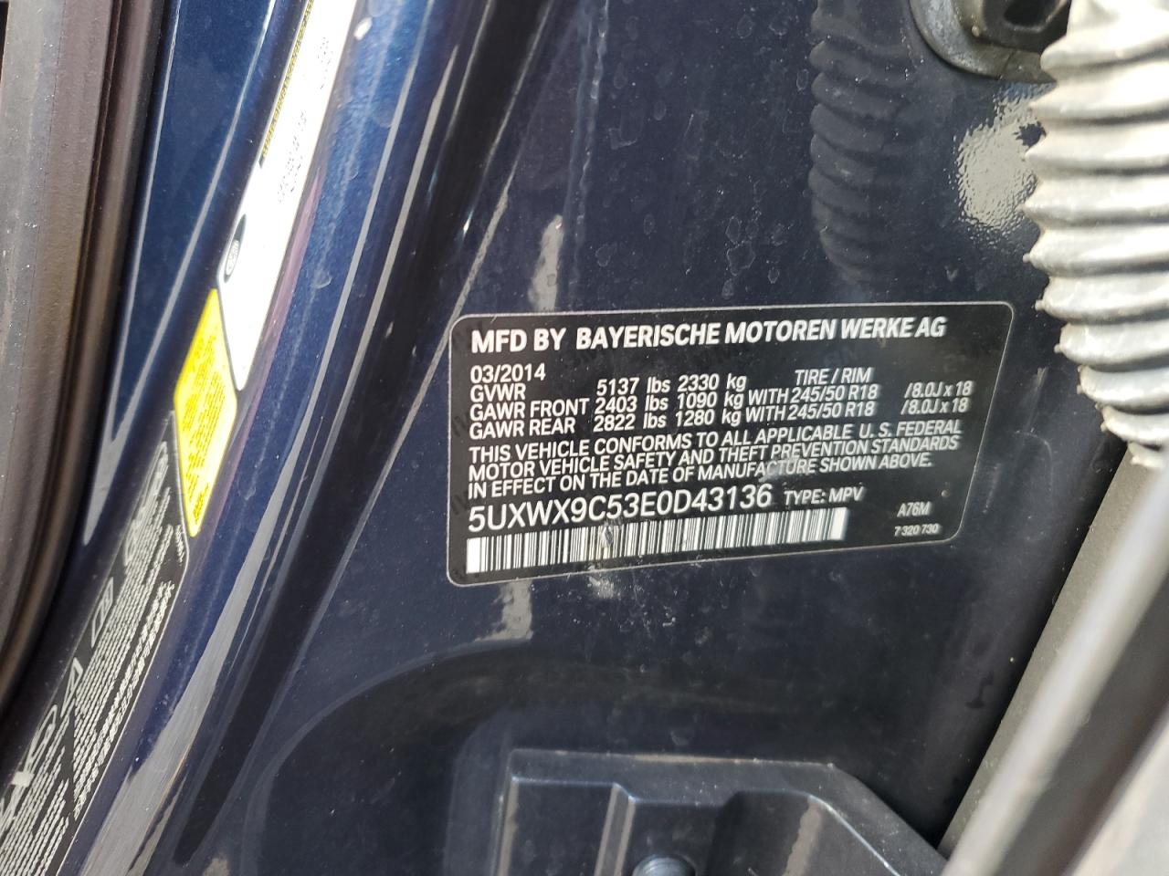 2014 BMW X3 xDrive28I VIN: 5UXWX9C53E0D43136 Lot: 51734725