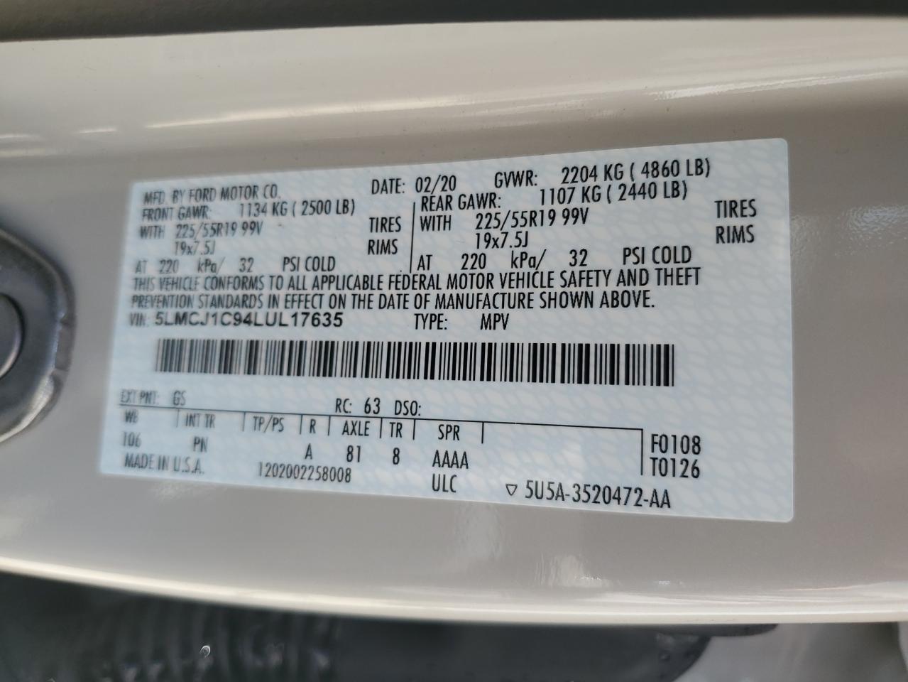 2020 Lincoln Corsair VIN: 5LMCJ1C94LUL17635 Lot: 53818835