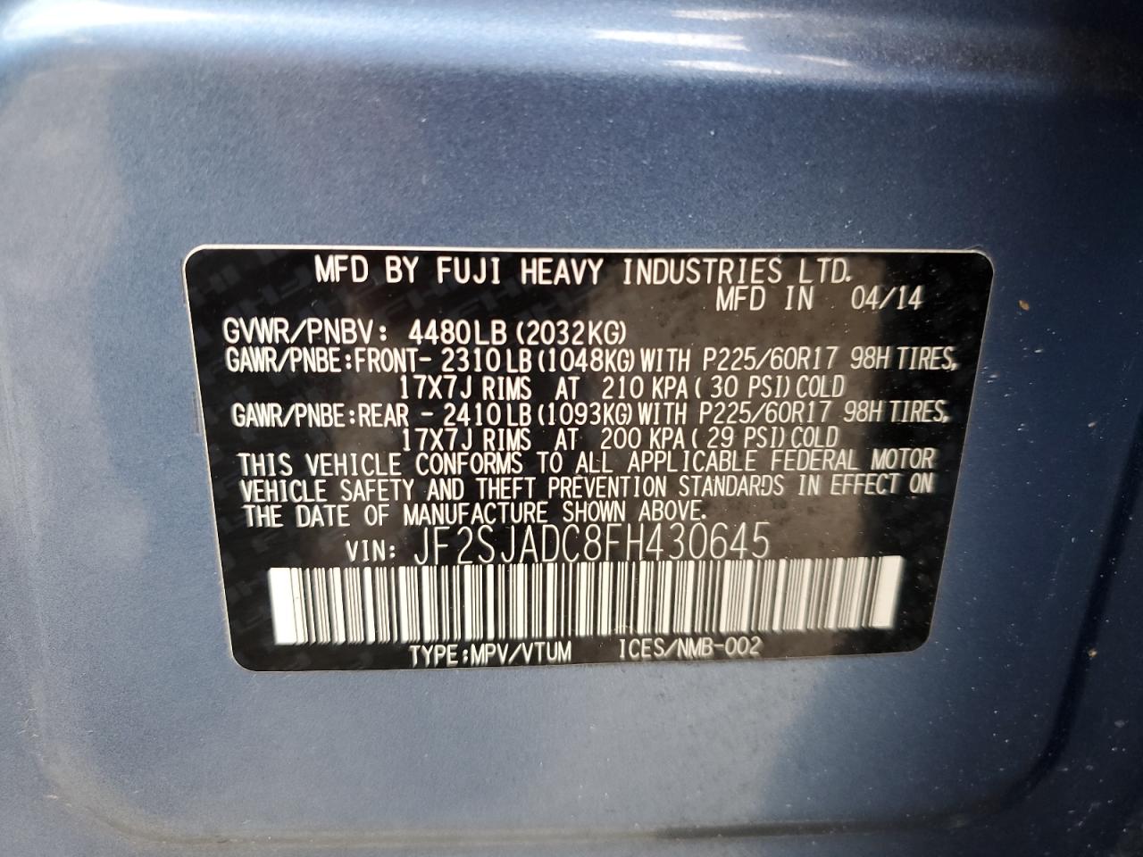 2015 Subaru Forester 2.5I Premium VIN: JF2SJADC8FH430645 Lot: 53950055