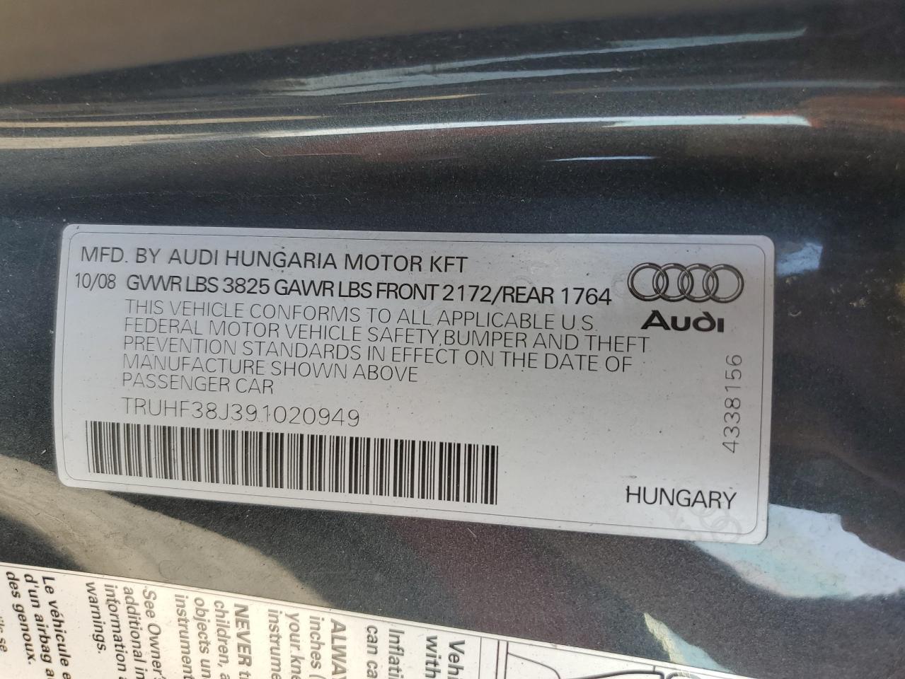 2009 Audi Tt VIN: TRUHF38J391020949 Lot: 54066665
