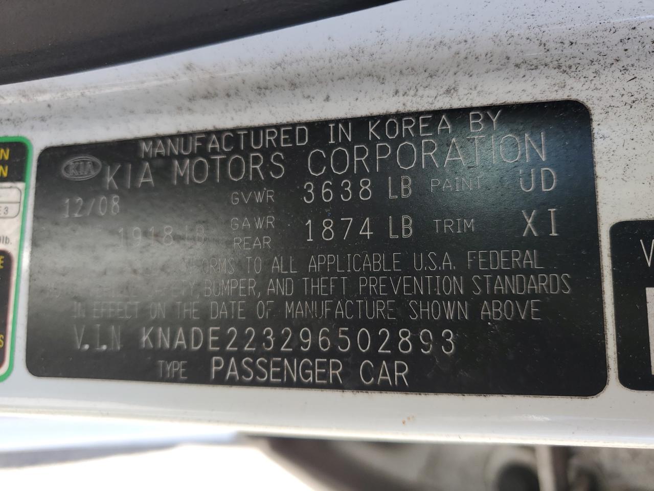 2009 Kia Rio Base VIN: KNADE223296502893 Lot: 54206415