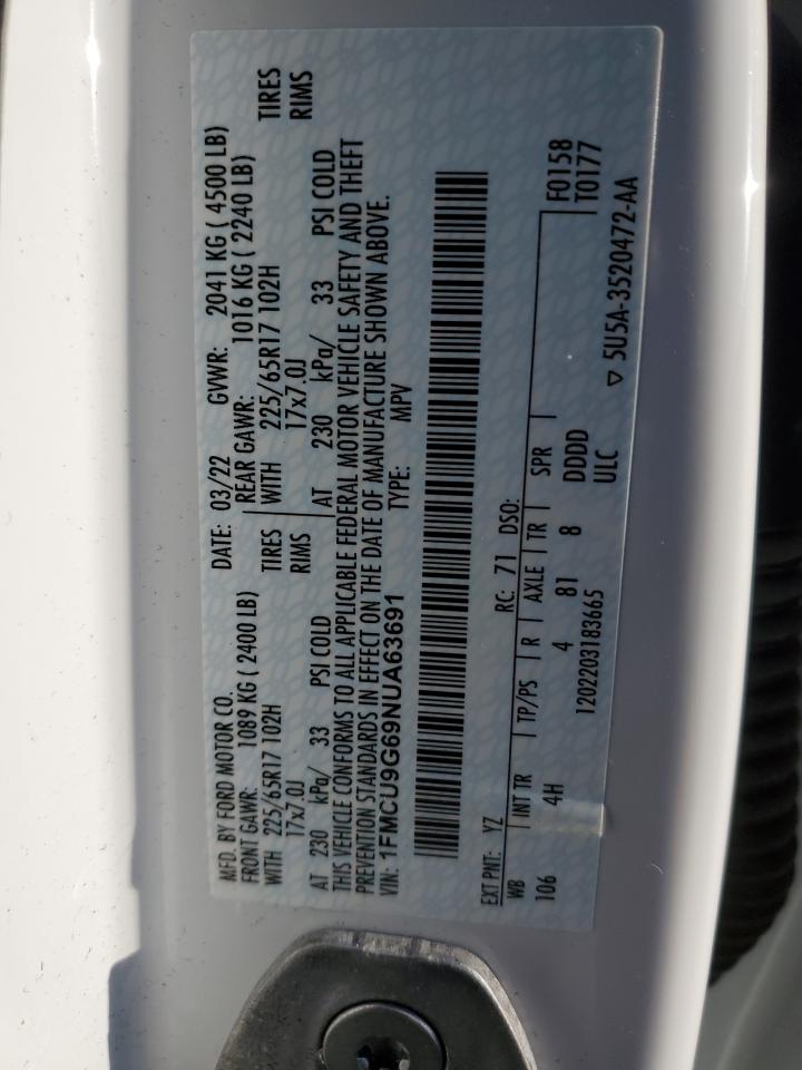 2022 Ford Escape Se VIN: 1FMCU9G69NUA63691 Lot: 52140225