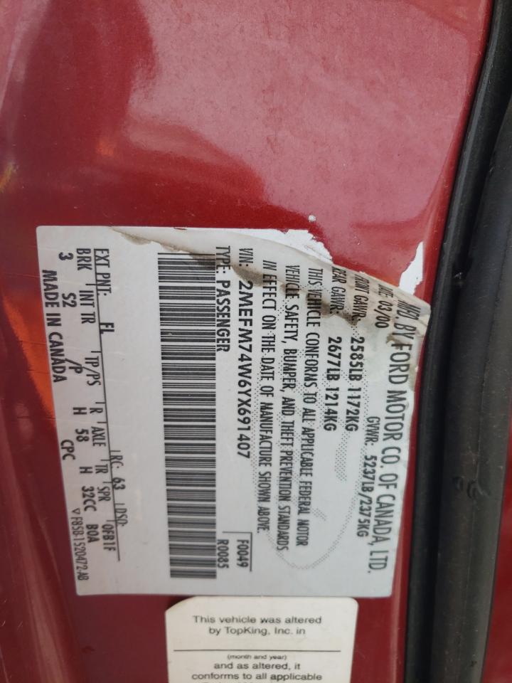 2000 Mercury Grand Marquis Gs VIN: 2MEFM74W6YX691407 Lot: 53438095