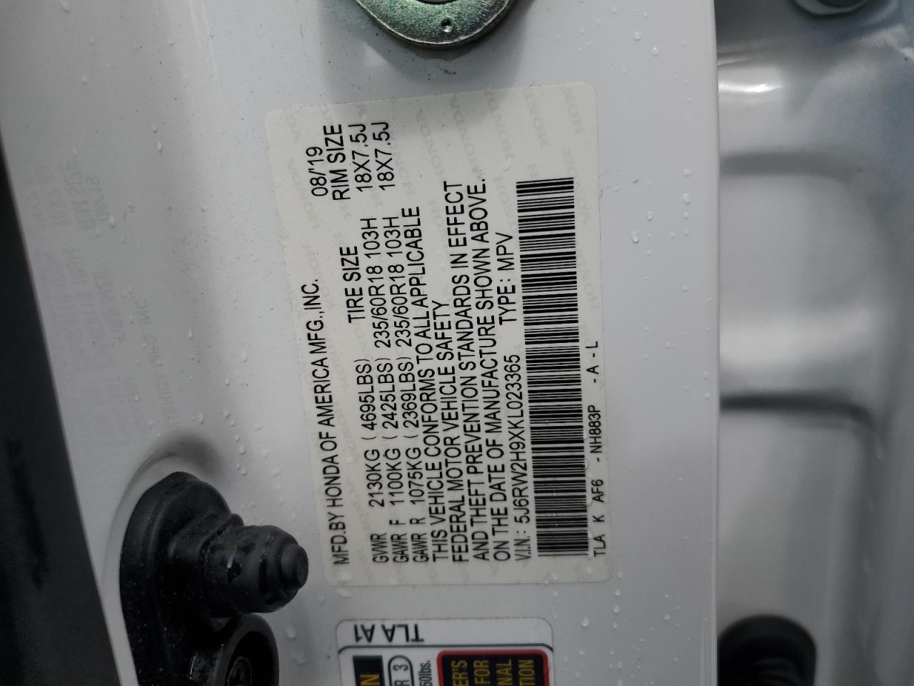 2019 Honda Cr-V Touring VIN: 5J6RW2H9XKL023365 Lot: 53288695