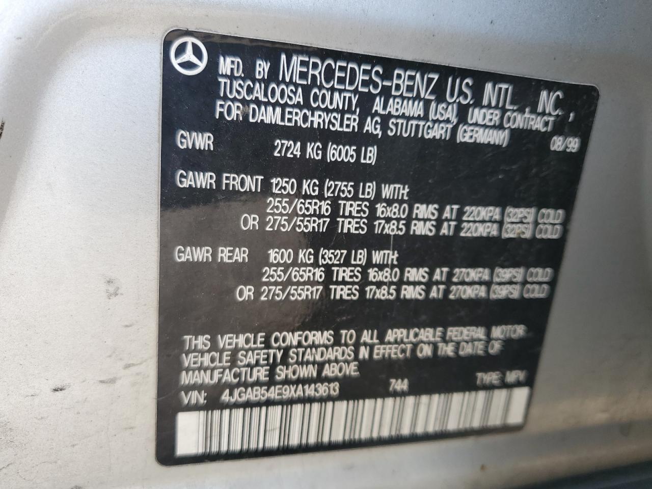1999 Mercedes-Benz Ml 320 VIN: 4JGAB54E9XA143613 Lot: 54746335