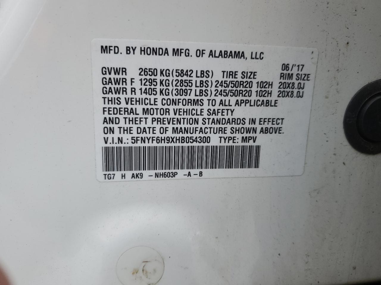 5FNYF6H9XHB054300 HONDA PILOT 2017