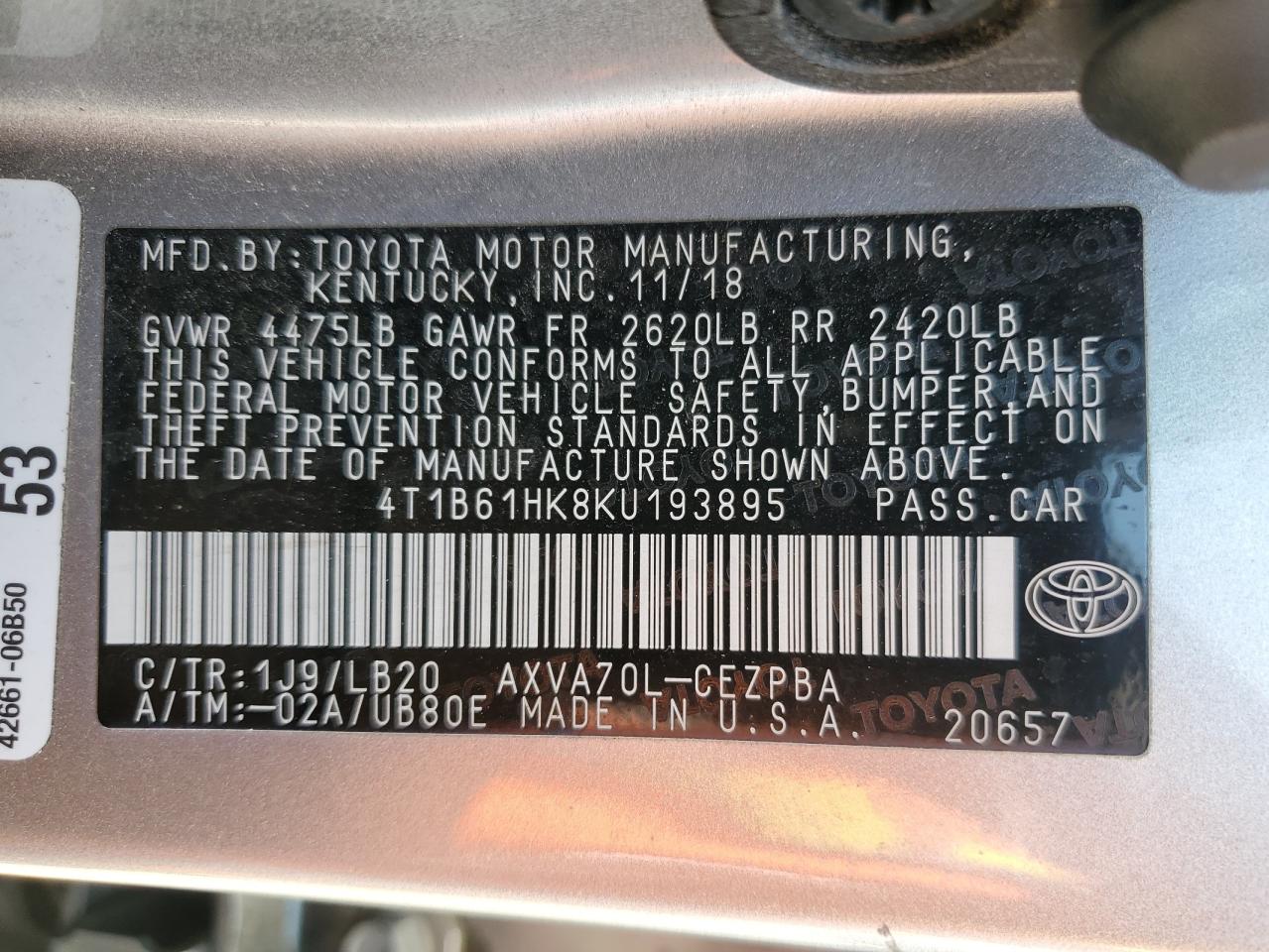 2019 Toyota Camry Xse VIN: 4T1B61HK8KU193895 Lot: 54599205