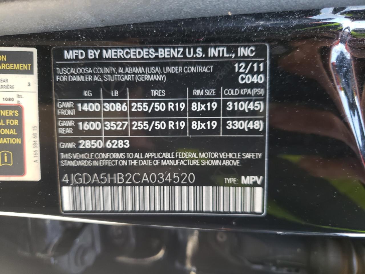 2012 Mercedes-Benz Ml 350 4Matic VIN: 4JGDA5HB2CA034520 Lot: 52438195