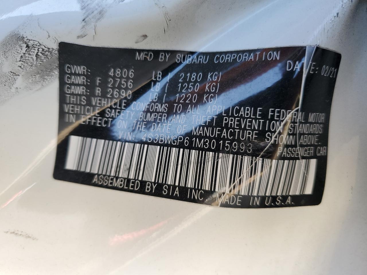 2021 Subaru Legacy Touring Xt VIN: 4S3BWGP61M3015993 Lot: 51589765