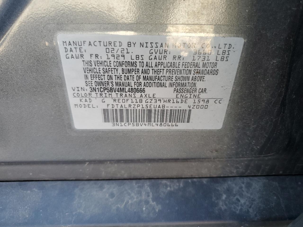 2021 Nissan Kicks S VIN: 3N1CP5BV4ML480666 Lot: 54886875