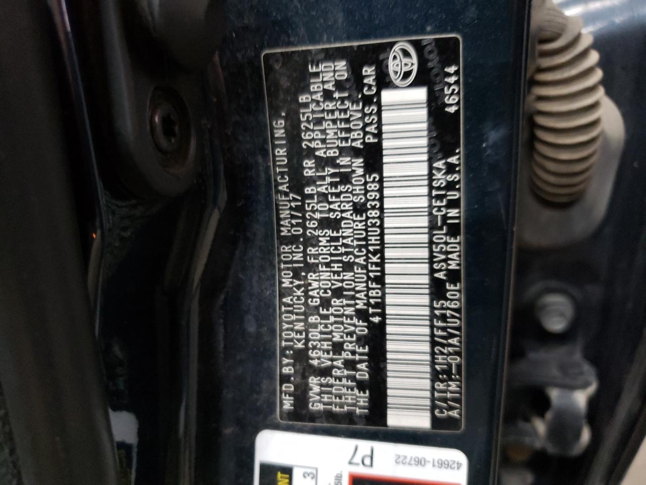 4T1BF1FK1HU383985 TOYOTA CAMRY 2017