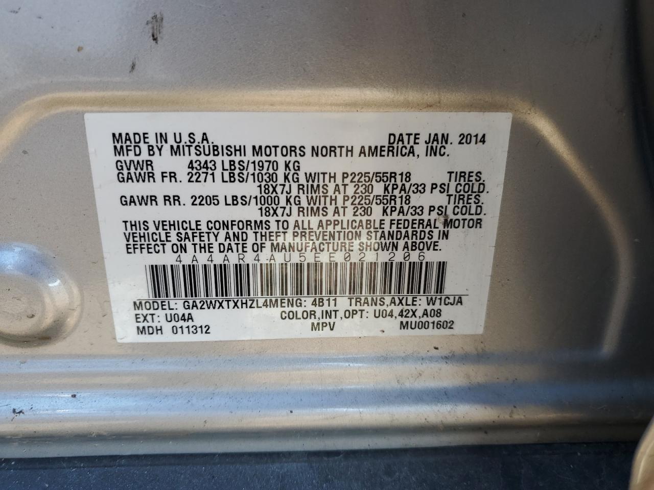 2014 Mitsubishi Outlander Sport Se VIN: 4A4AR4AU5EE021206 Lot: 54798225