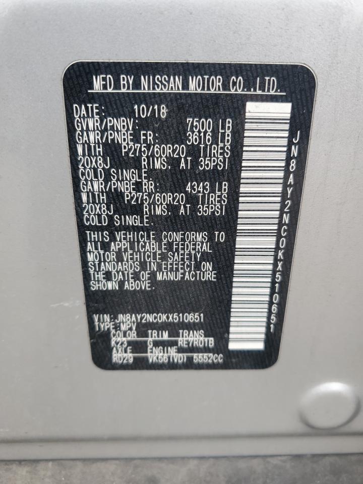 2019 Nissan Armada Sv VIN: JN8AY2NC0KX510651 Lot: 51306145