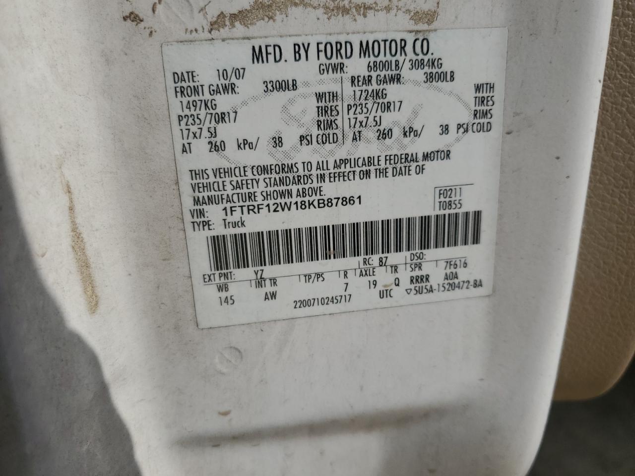 2008 Ford F150 VIN: 1FTRF12W18KB87861 Lot: 51220425