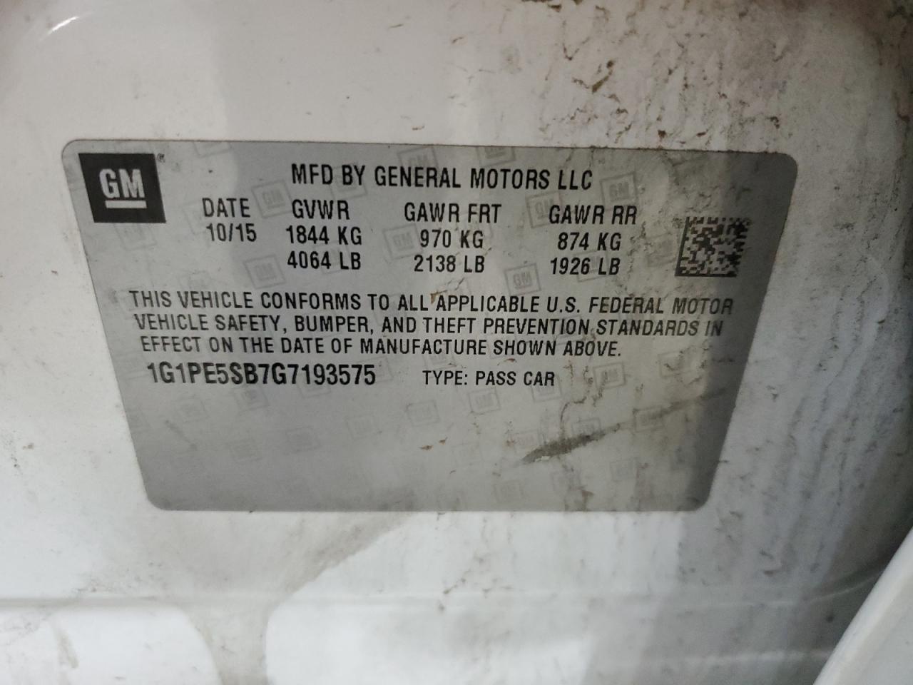 1G1PE5SB7G7193575 CHEVROLET CRUZE 2016