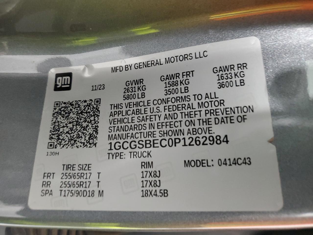 2023 Chevrolet Colorado VIN: 1GCGSBEC0P1262984 Lot: 54876515