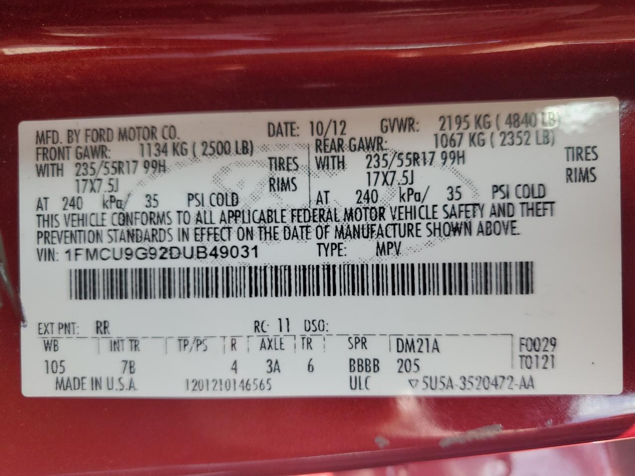 2013 Ford Escape Se VIN: 1FMCU9G92DUB49031 Lot: 54352005