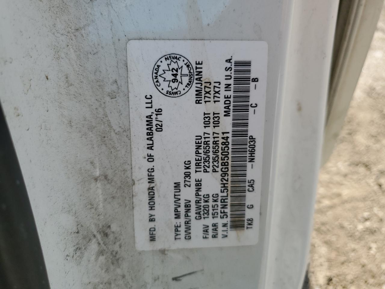 5FNRL5H29GB505841 HONDA All Models 2016