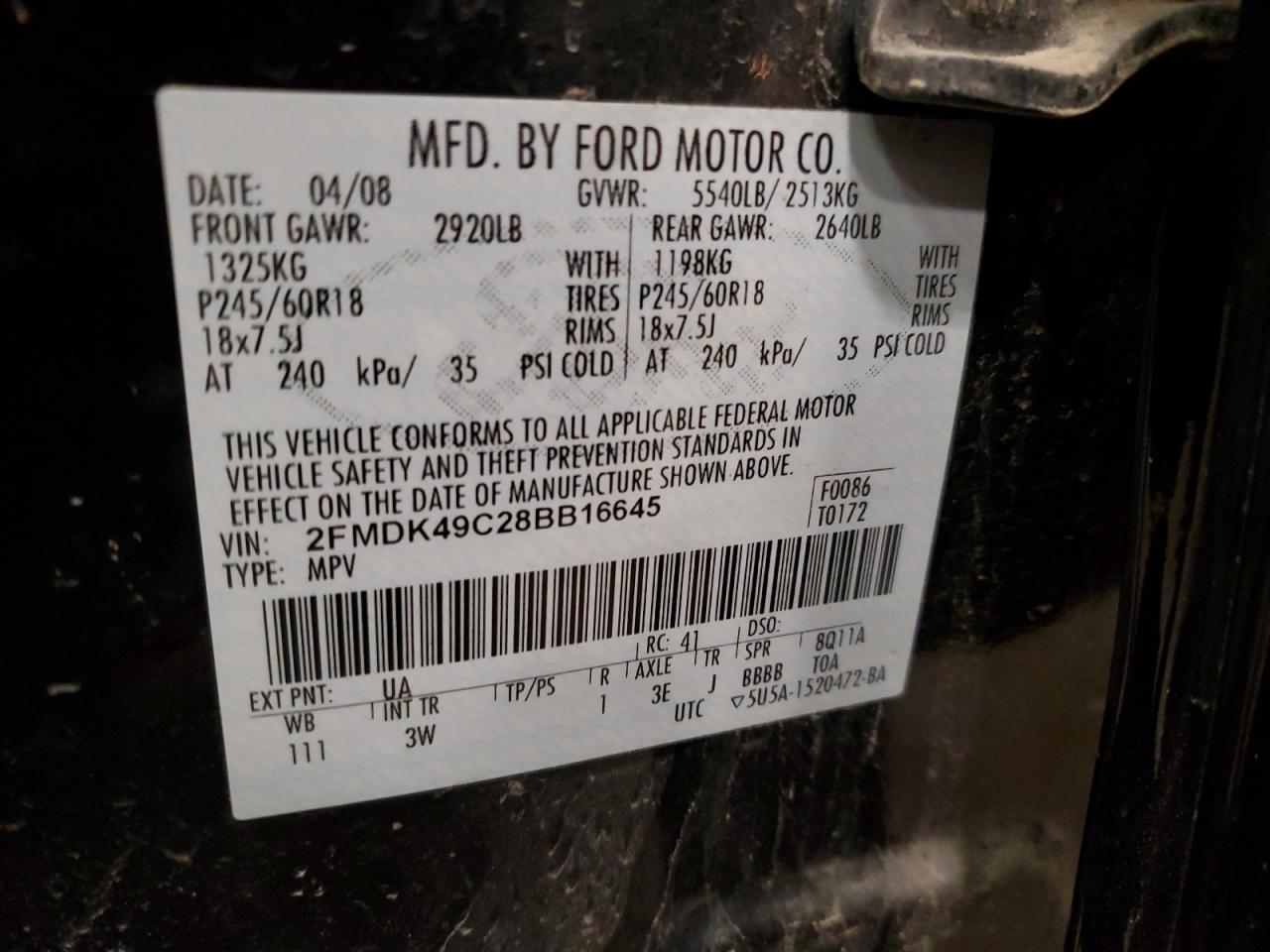 2008 Ford Edge Limited VIN: 2FMDK49C28BB16645 Lot: 51536765