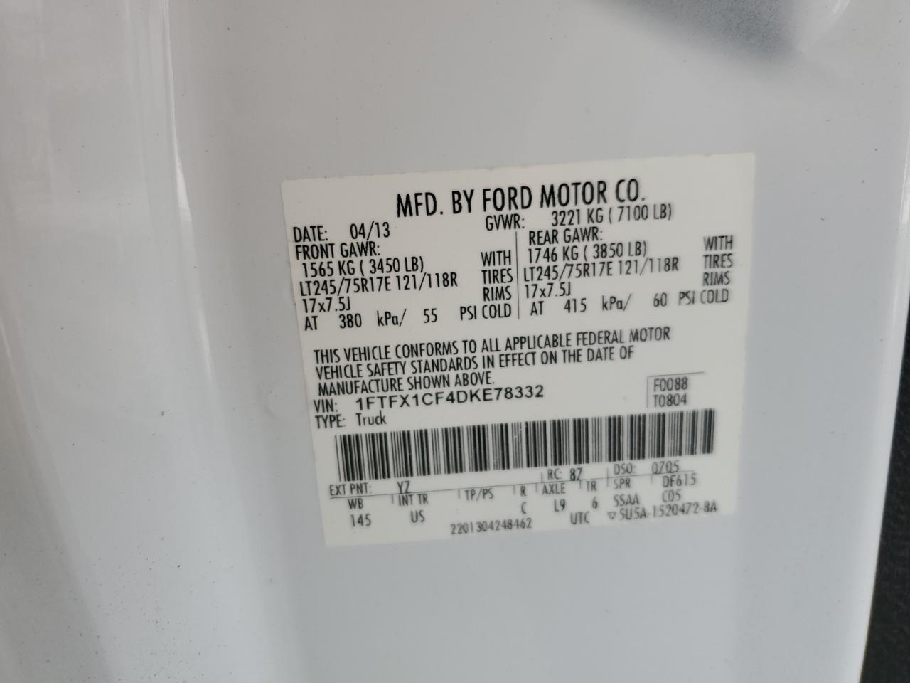 2013 Ford F150 Super Cab VIN: 1FTFX1CF4DKE78332 Lot: 53948505