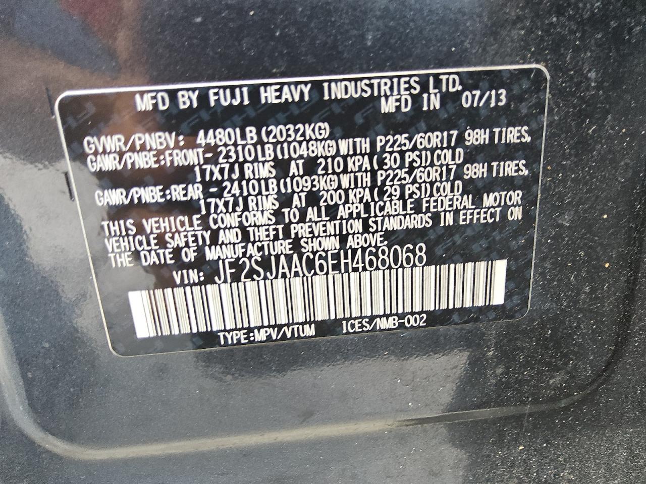 2014 Subaru Forester 2.5I VIN: JF2SJAAC6EH468068 Lot: 54365345