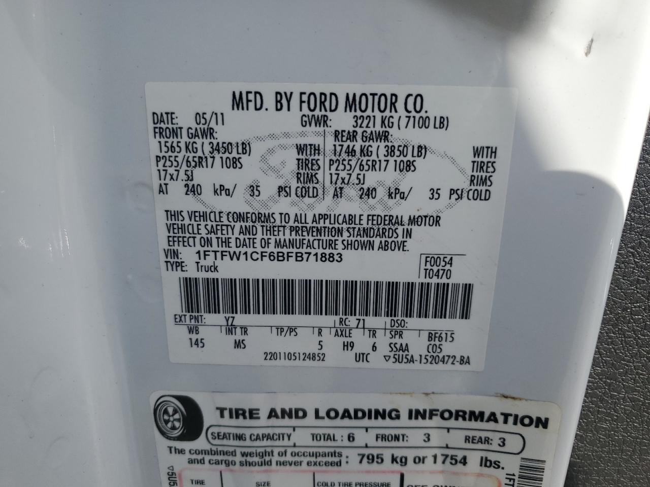 2011 Ford F150 Supercrew VIN: 1FTFW1CF6BFB71883 Lot: 54014315